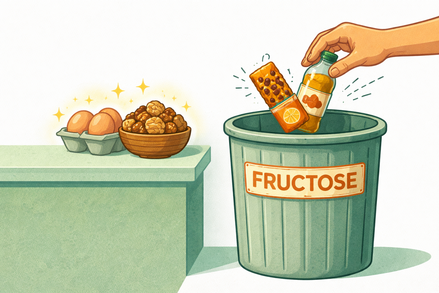 A hand dropping a granola bar and a bottle of juice into a trash can. The trash can is labeled "FRUCTOSE." On the counter next to it, safe foods like eggs and walnuts are glowing.