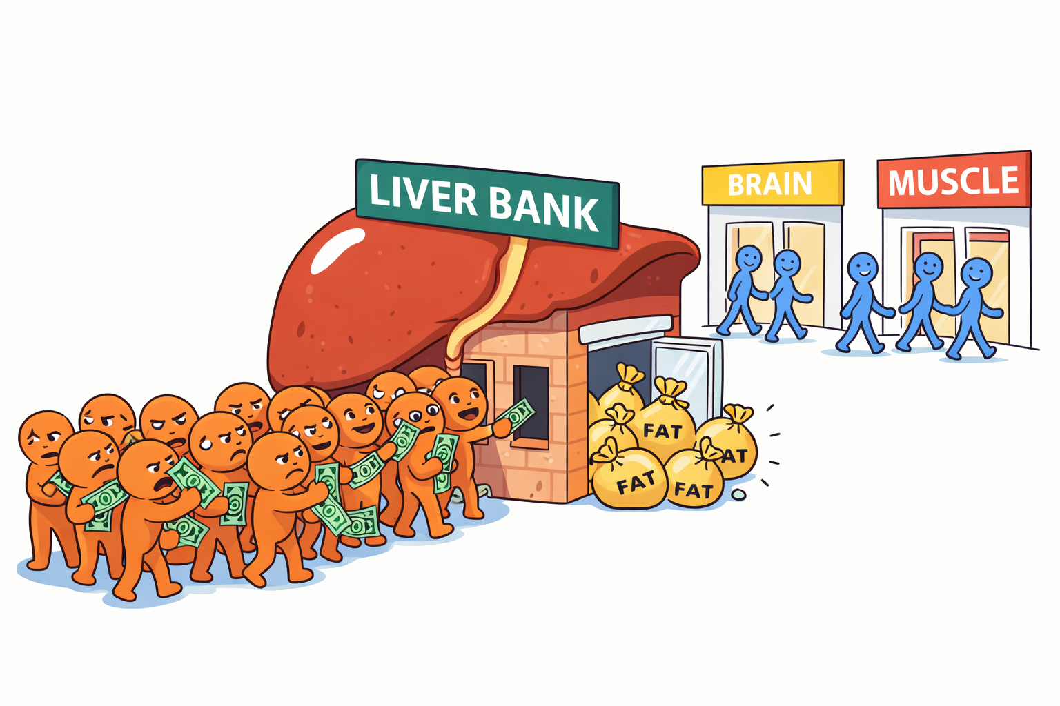 Cartoon depicting the analogy of the fructose molecules at the liver bank, with excess converted to fat and the glucose molecules happily going to the brain and muscle store