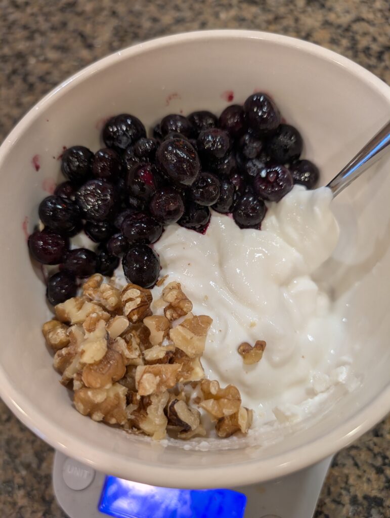 Bowl of plain non-fat greek yogurt, blueverries and walnuts