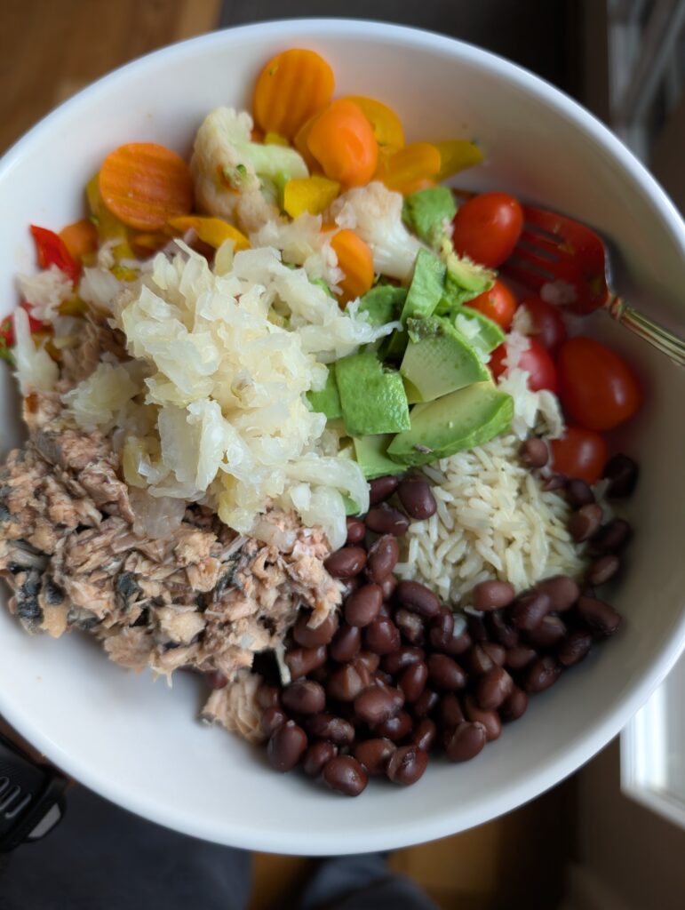 Bowl of salmon, veggies, rice, beans and sauerkraut