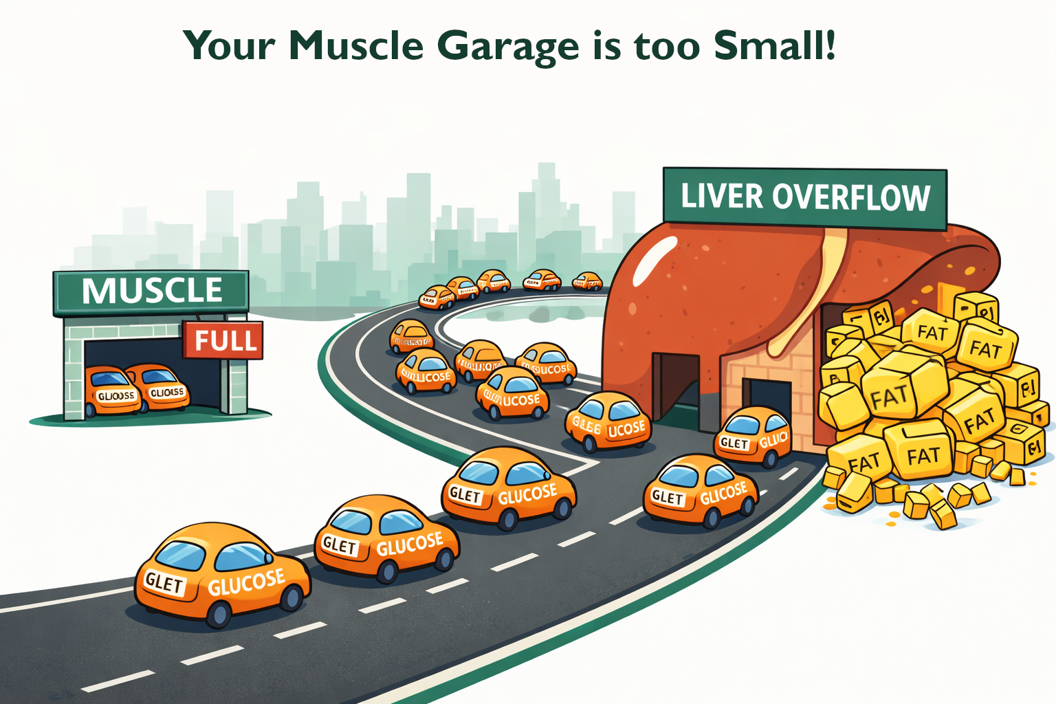Editorial style cartoon showing a small "Muscle" garage that is full and all the other traffic headed to the liver