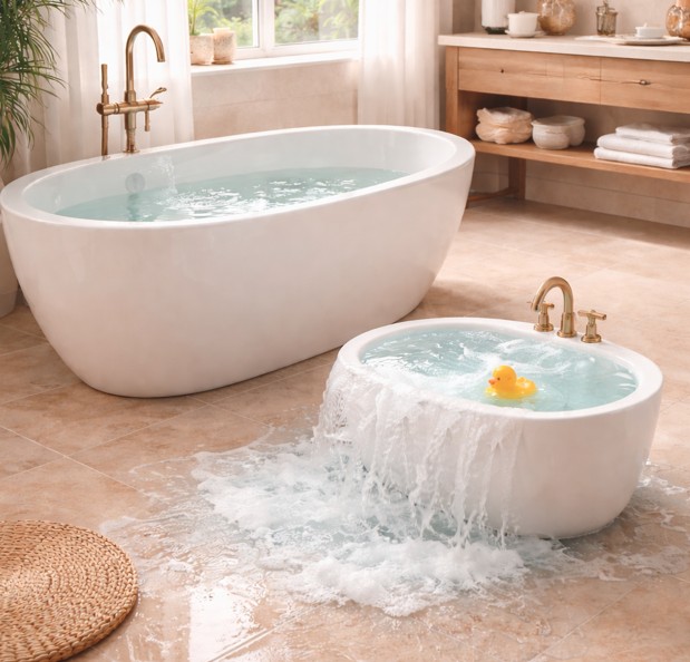 2 bathtubs, one is normal sized and filled normally, other tub is much smaller and overflowing