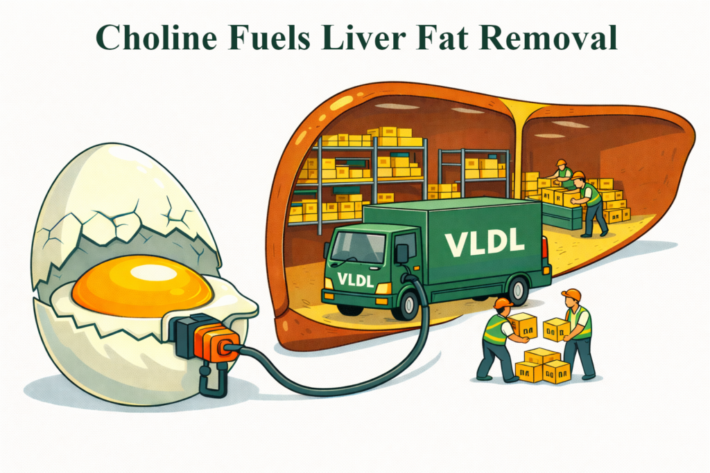 Cartoon shows a cracked egg connected with a hose to a VLDL truck, which is being loaded up with fat in a liver warehouse