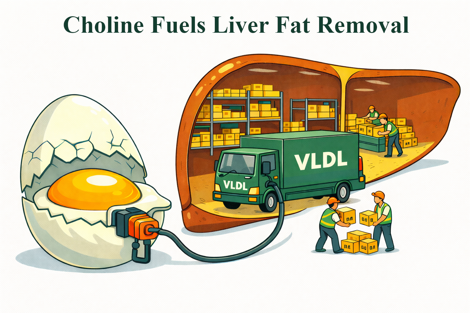 Cartoon shows a cracked egg connected with a hose to a VLDL truck, which is being loaded up with fat in a liver warehouse