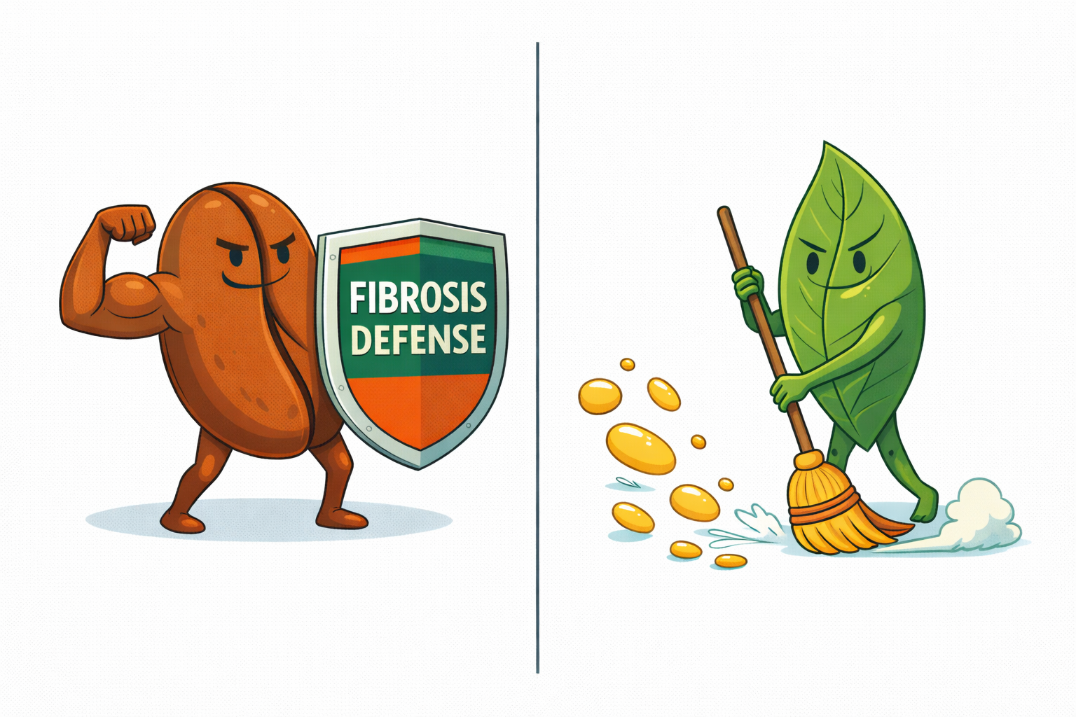 Coffee bean flexing bicep holding a shield that states "Fibrosis Defense" while a green tea leaf sweeps up fat