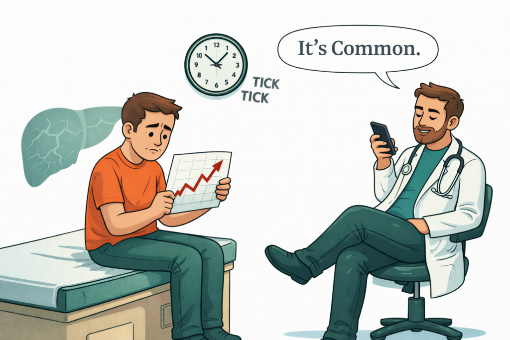 Worried patient holding results chart is dismissed by doctor while there is a ticking clock and fatty liver in the background