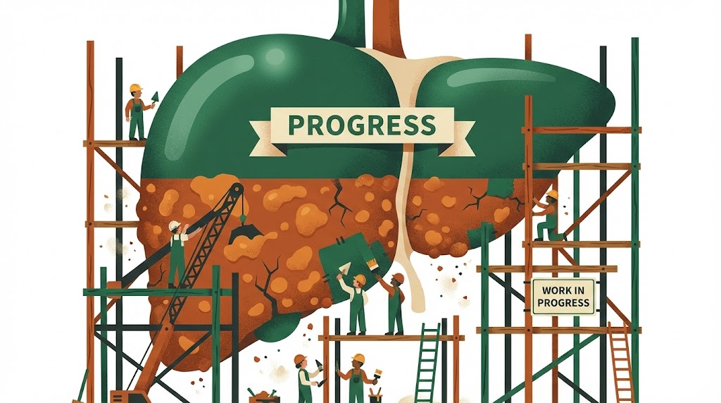 A large human liver surrounded by construction scaffolding. The top half is polished, green and healthy, but the bottom half still has some yellow fat or cracks being repaired by tiny workers. It symbolizes progress but unfinished work.