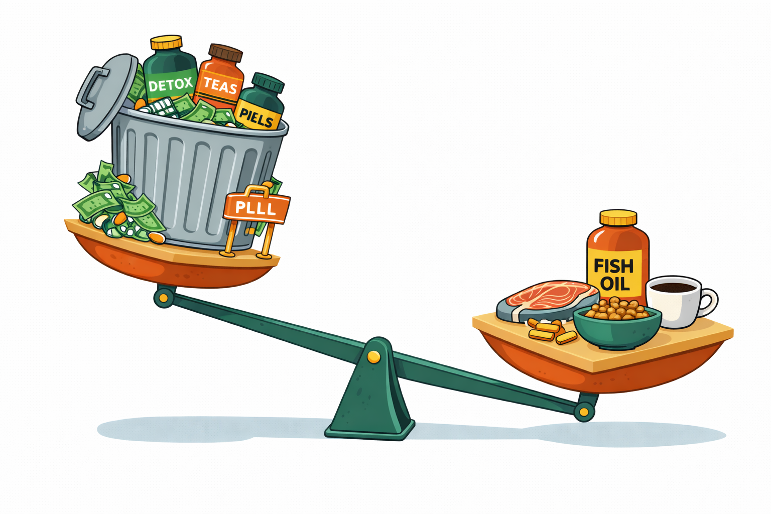 Balance-style scale shows that food is heavier (more important) than supplements