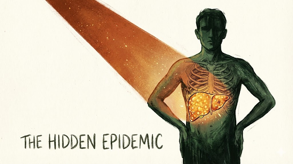 A silhouette of a fit, slender man standing confidently. A bright spotlight shines on his torso, acting like an X-ray. Inside the spotlight beam, the liver is visible, enlarged, and yellow with fat droplets. The rest of the body looks healthy.