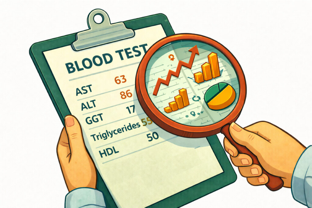 Blood test results with a magnifying class showing additional details