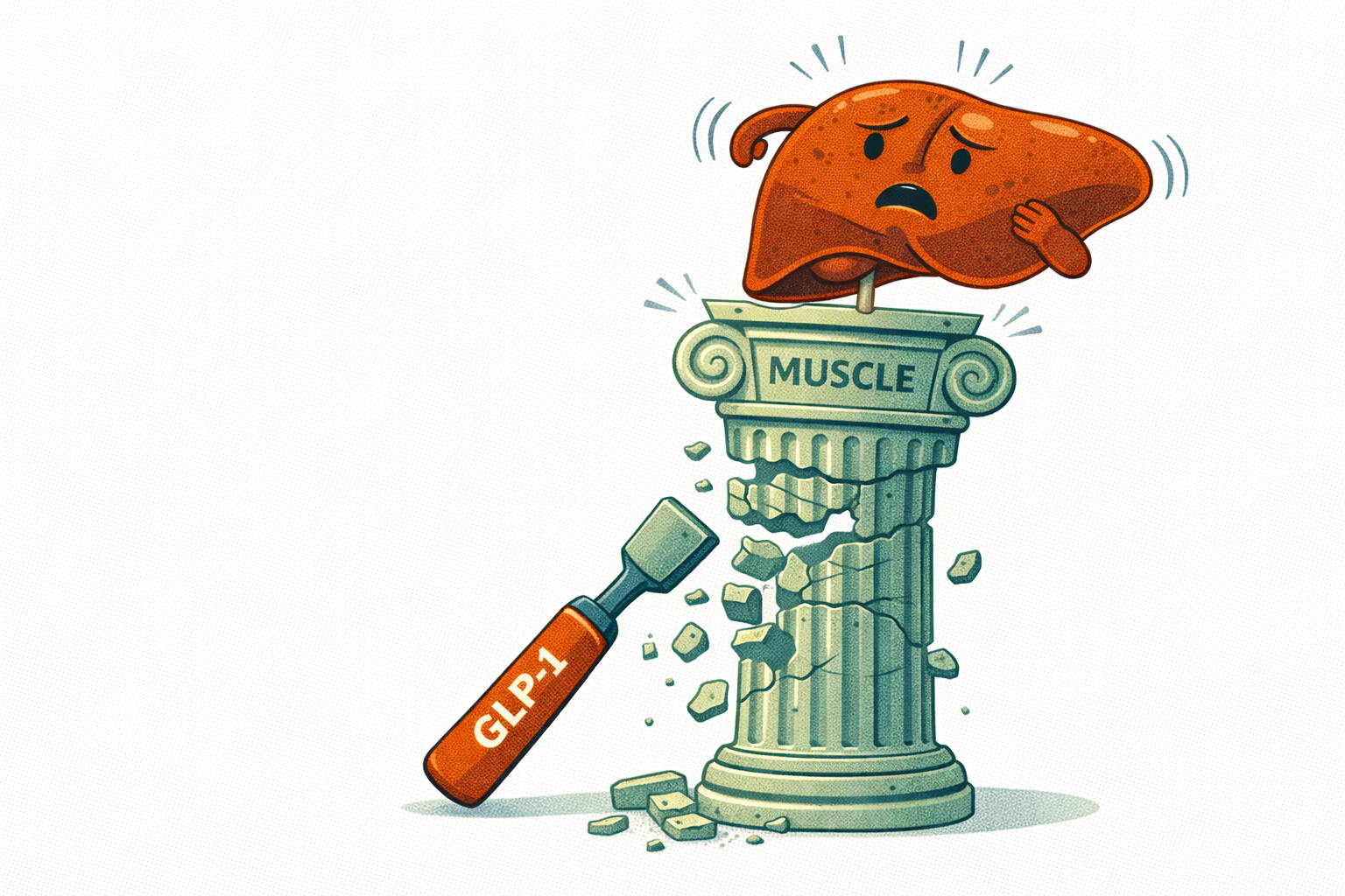 A roman-style column labeled Muscle is being eroded/chipped away with a chisel labeled GLP-1. A liver sits atop the column looking worried