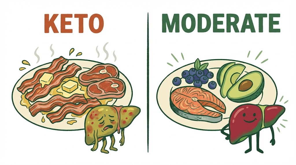 left side is titled Keto and shows a plate full of bacon, steak, and butter with a tired yellow "fatty liver." Right side shows "Moderate" and has a plate with salmon, blueberries and avacado.
