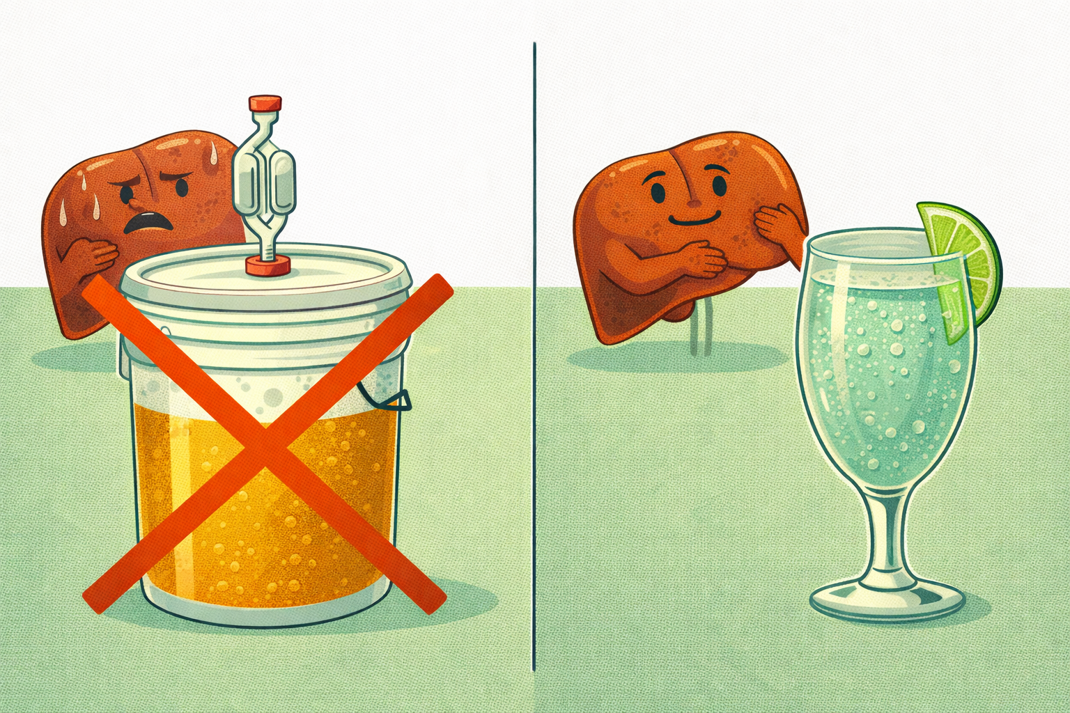 Split image, left side shows a homebrew bucket of beer and a distressed liver, right side shows a happy liver and sparkling water with lime wedge
