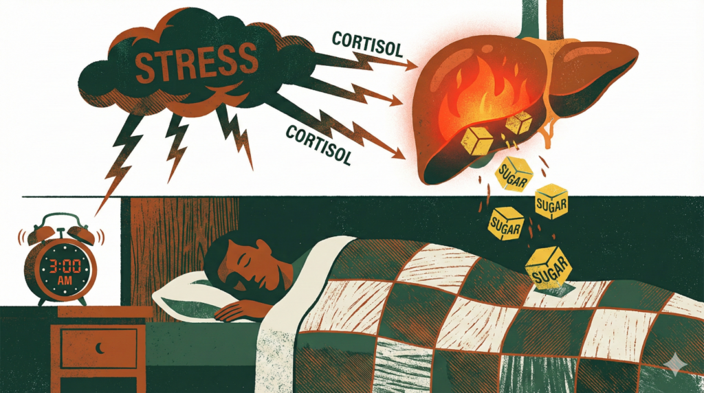 Man sleep, clock shows 3am. A cloud of stress is shooting lightining bolts of cortisol into an inflamed liver which is dumping sugar