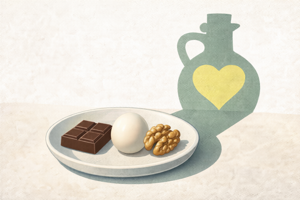A square of dark chocolate, a whole egg, and a walnut are sitting on a plate. The plate is casting a shadow on the wall. The shadow is in the shape of a heart-healthy olive oil bottle. It symbolizes how the saturated fat from these foods (stearic acid) is converted to healthy fat in the body
