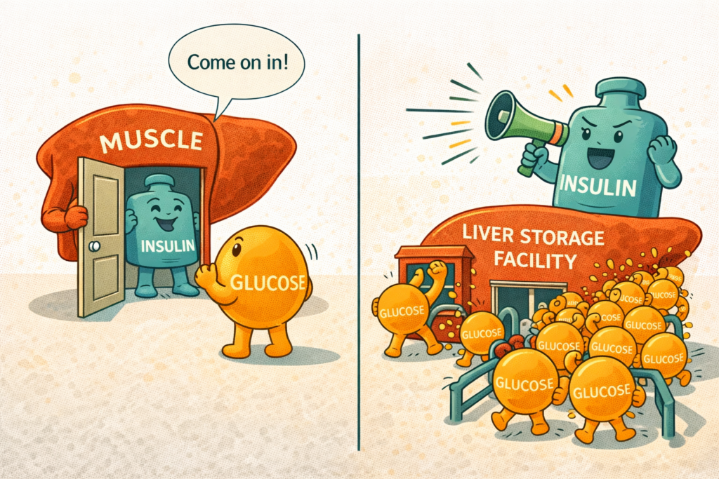 A flat vector editorial illustration. A cross-section of a body. On the left, a muscle house is listening to a guest labeled "GLUCOSE" knocking at the door. On the right, a "LIVER STORAGE FACILITY" is overwhelmed, with a chaotic line of glucose guests spilling over. A character labeled "INSULIN" is shouting through a megaphone, causing the muscle cell to cover its ears
